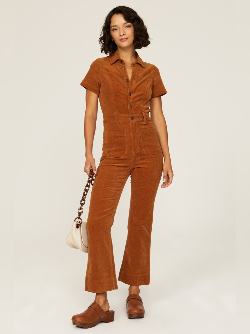 Show Me Your MuMu Corduroy Short-Sleeve High-Waist Jumpsuit in Rust
